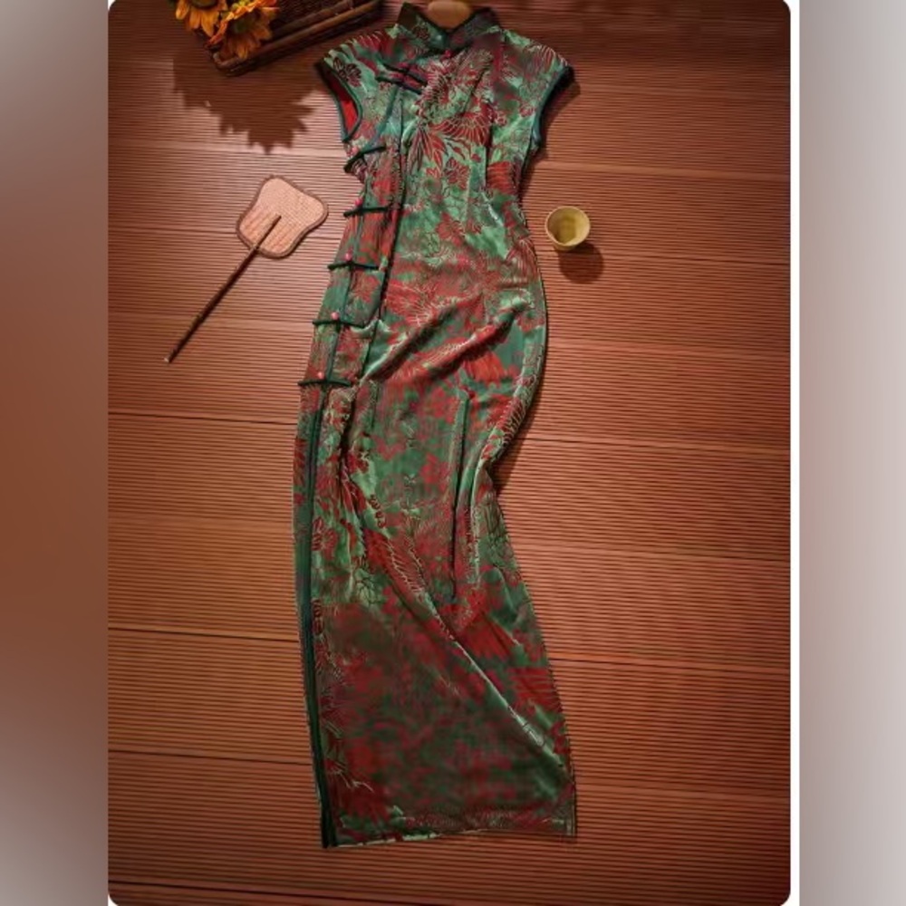 Green Red Floral Cheongsam Qipao Velvet Vintage High Slit Long Maxi Dress M L XL